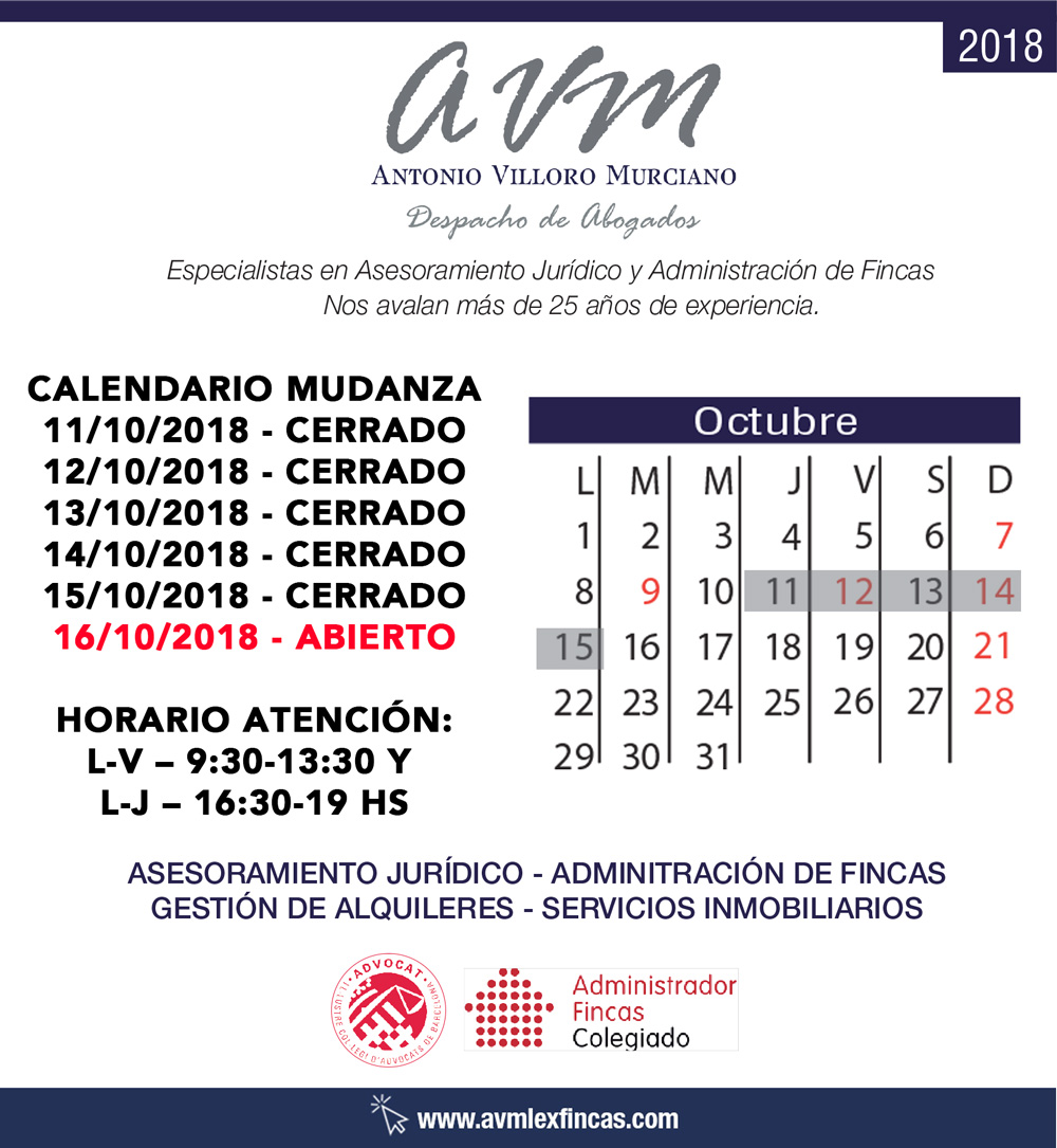 Calendario de mudanza a nuestro nuevo despacho en Octubre